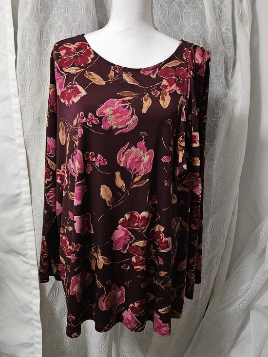 Susan Graver Tops - Susan Graver Liquid Knit Women's Floral Long-Sleeve Top in Burgundy and Pink